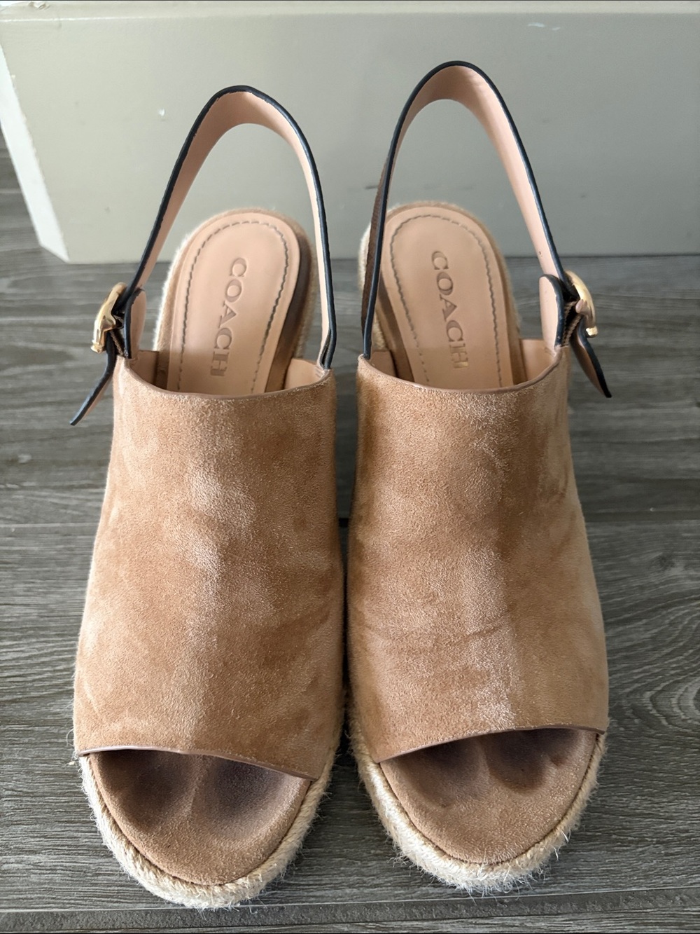 Coach Tan Suede Open-Toe Slingback Wedge Sandals
